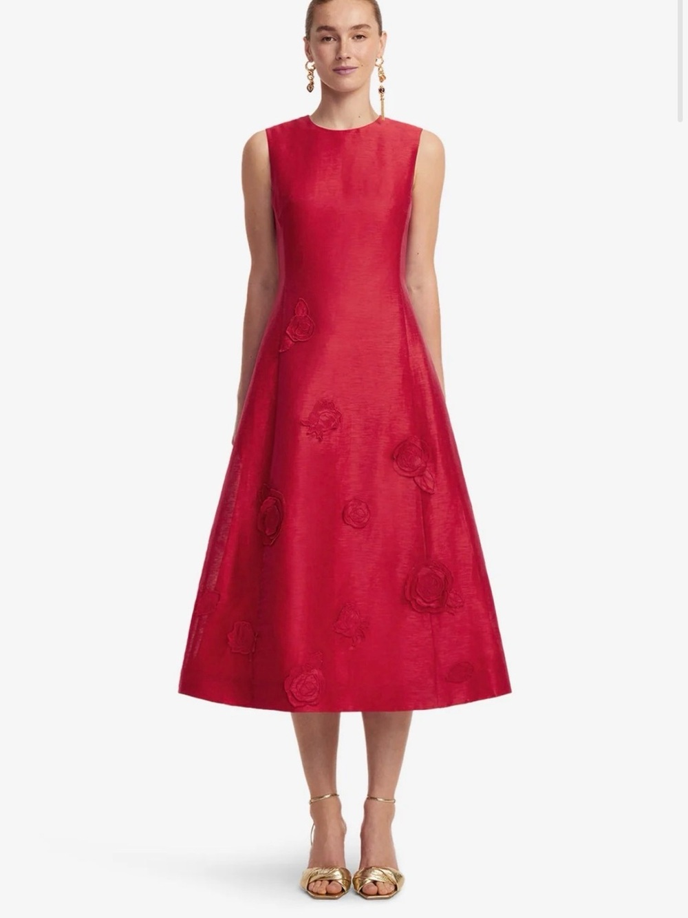 NWT LEO LIN Cleo Red Floral Appliqué Linen Midi Dress Size 4 US